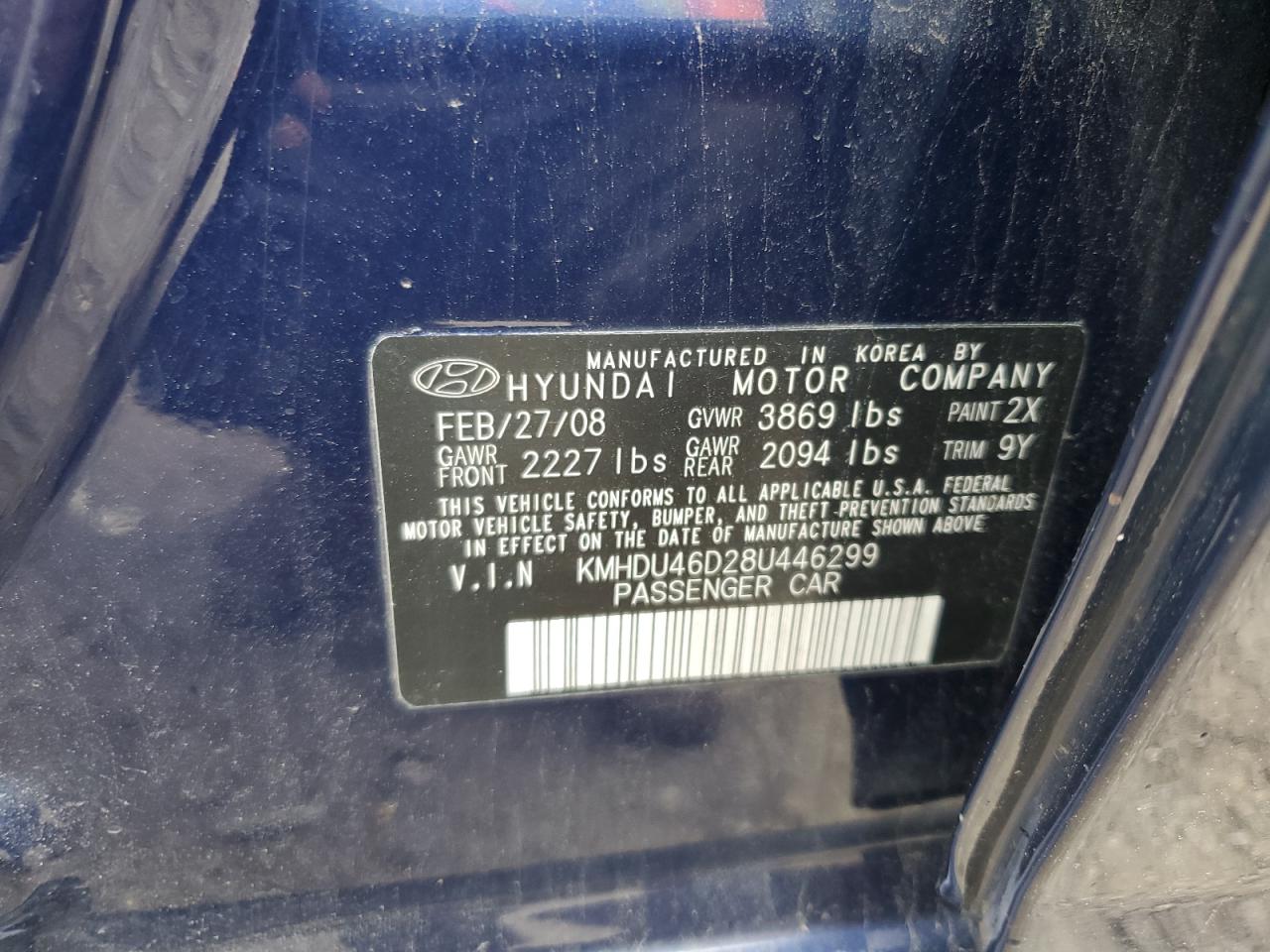 KMHDU46D28U446299 2008 Hyundai Elantra Gls