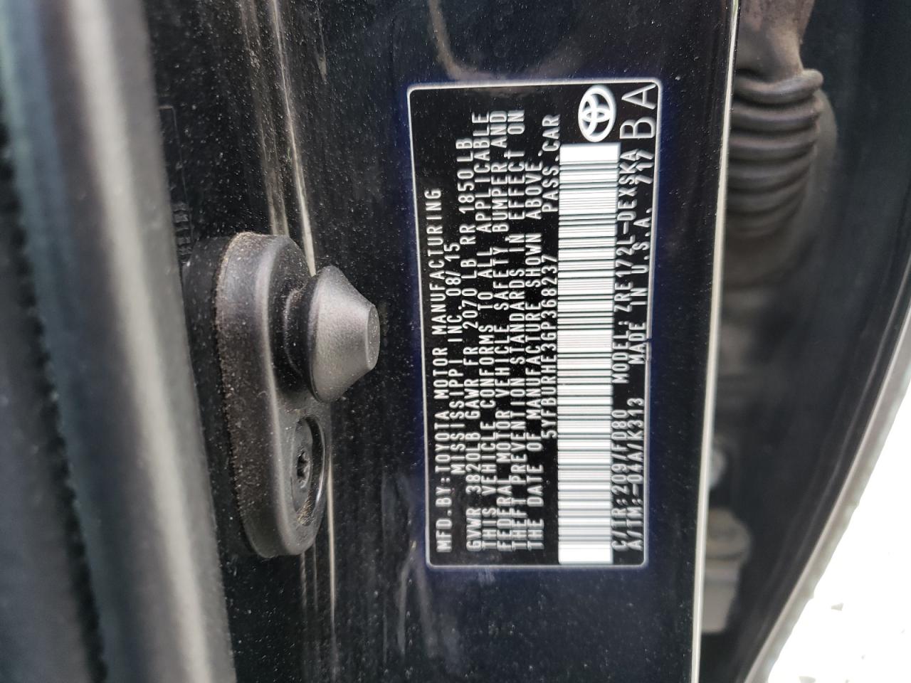 5YFBURHE3GP368237 2016 Toyota Corolla L