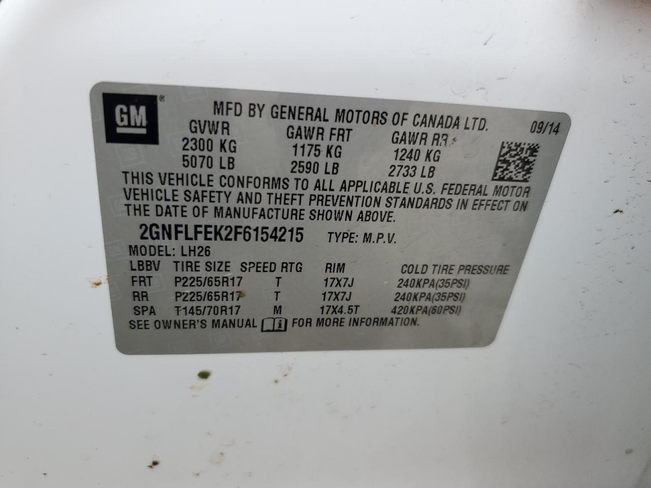 2GNFLFEK2F6154215 2015 Chevrolet Equinox Lt