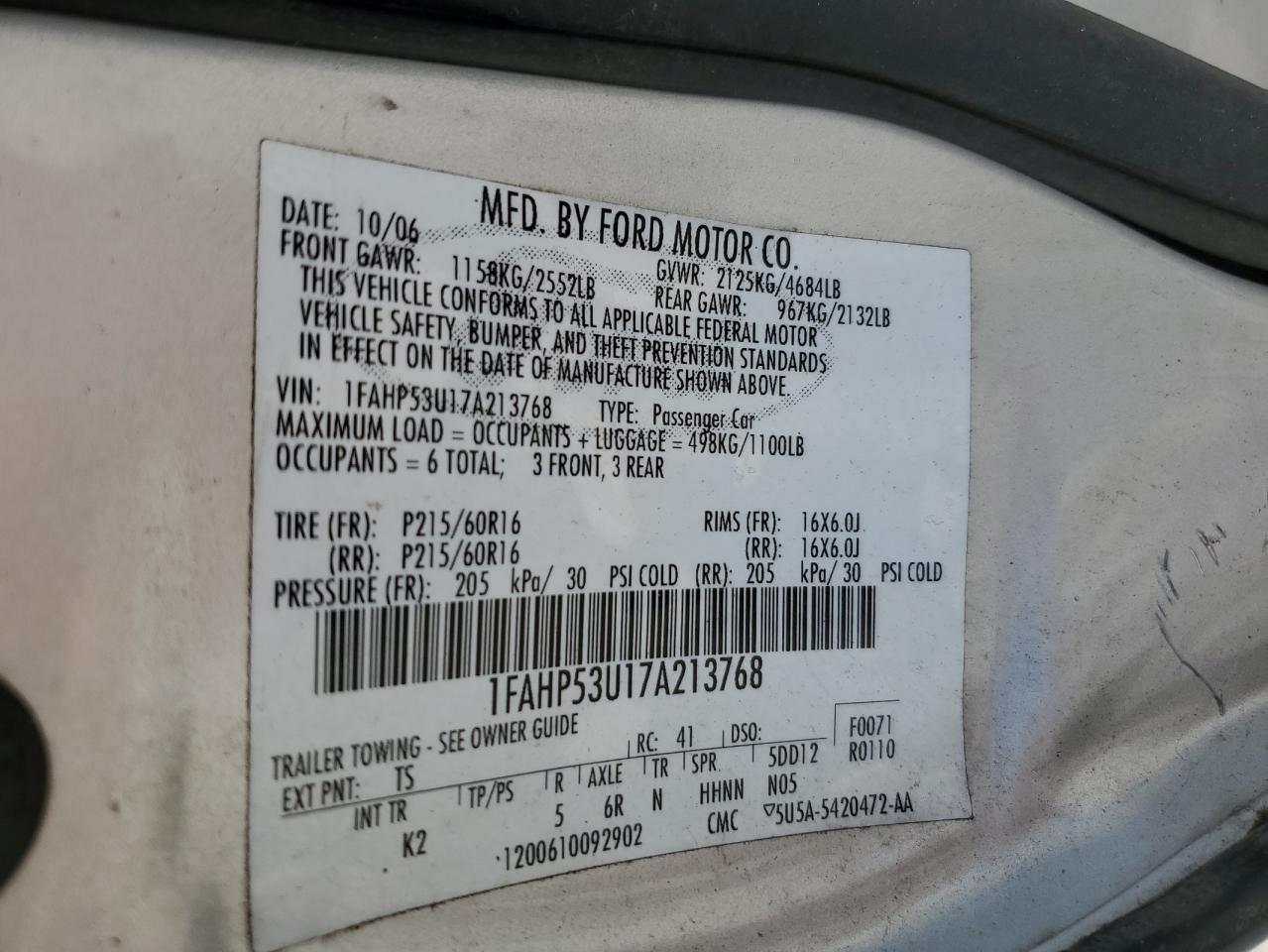 1FAHP53U17A213768 2007 Ford Taurus Se