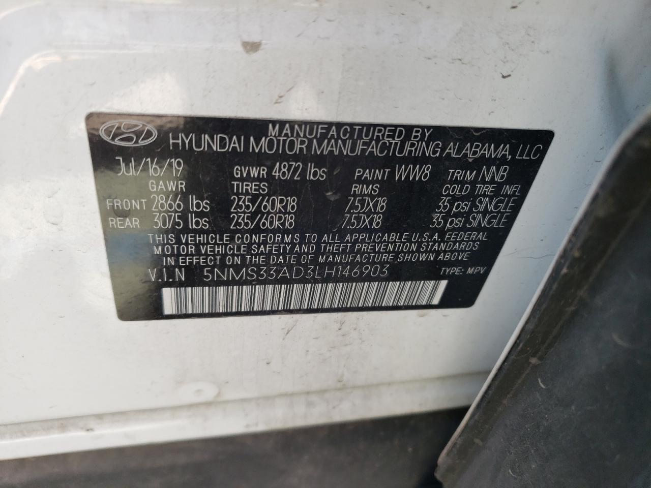 5NMS33AD3LH146903 2020 Hyundai Santa Fe Sel