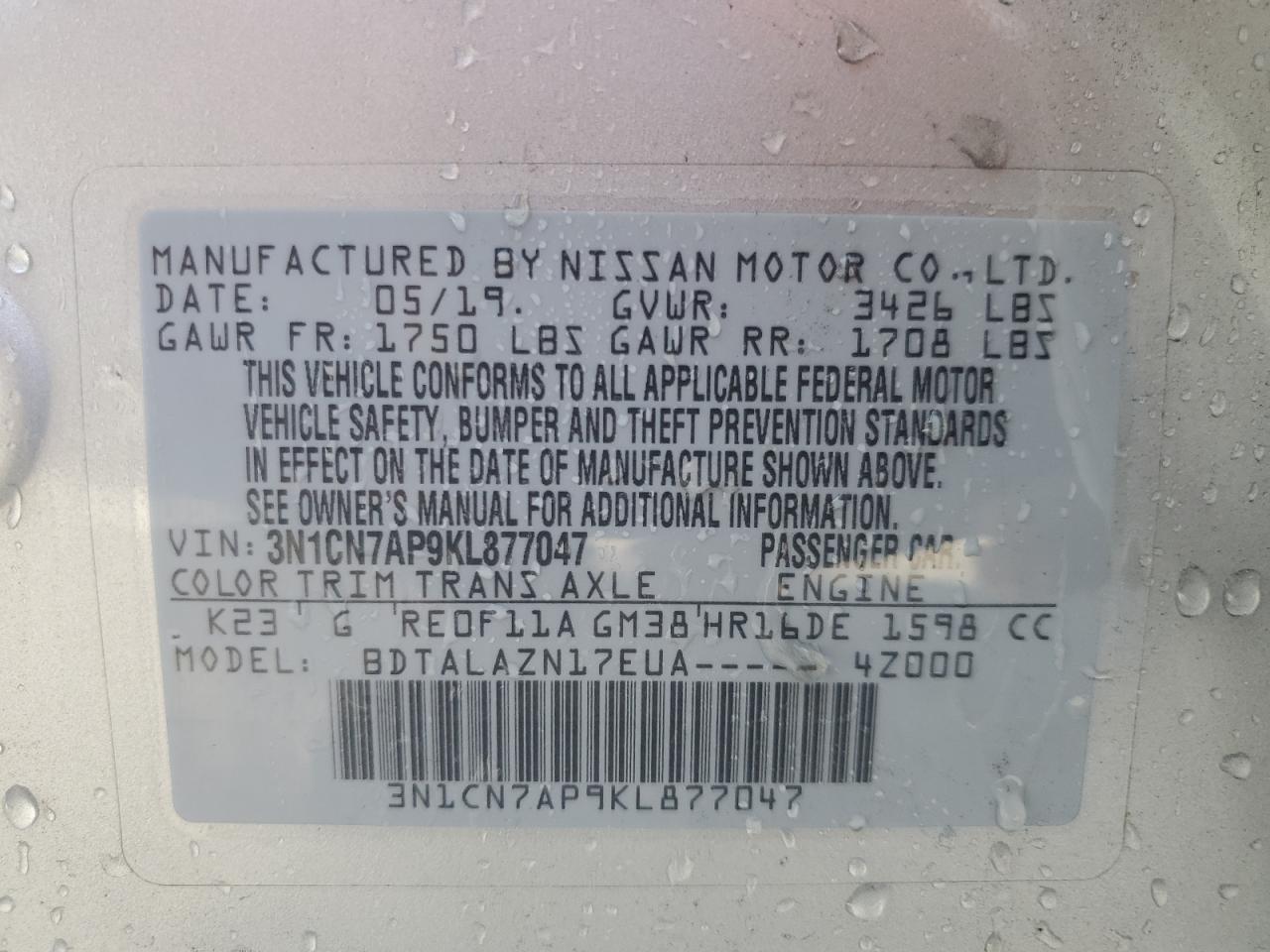 2019 Nissan Versa S vin: 3N1CN7AP9KL877047