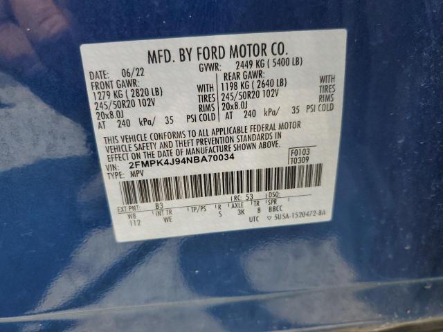 2022 Ford Edge Sel VIN: 2FMPK4J94NBA70034 Lot: 53301744