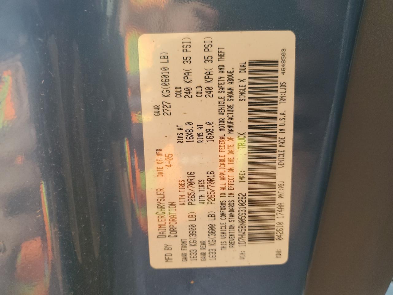 1D7HW58N05S310262 2005 Dodge Dakota Quad Laramie