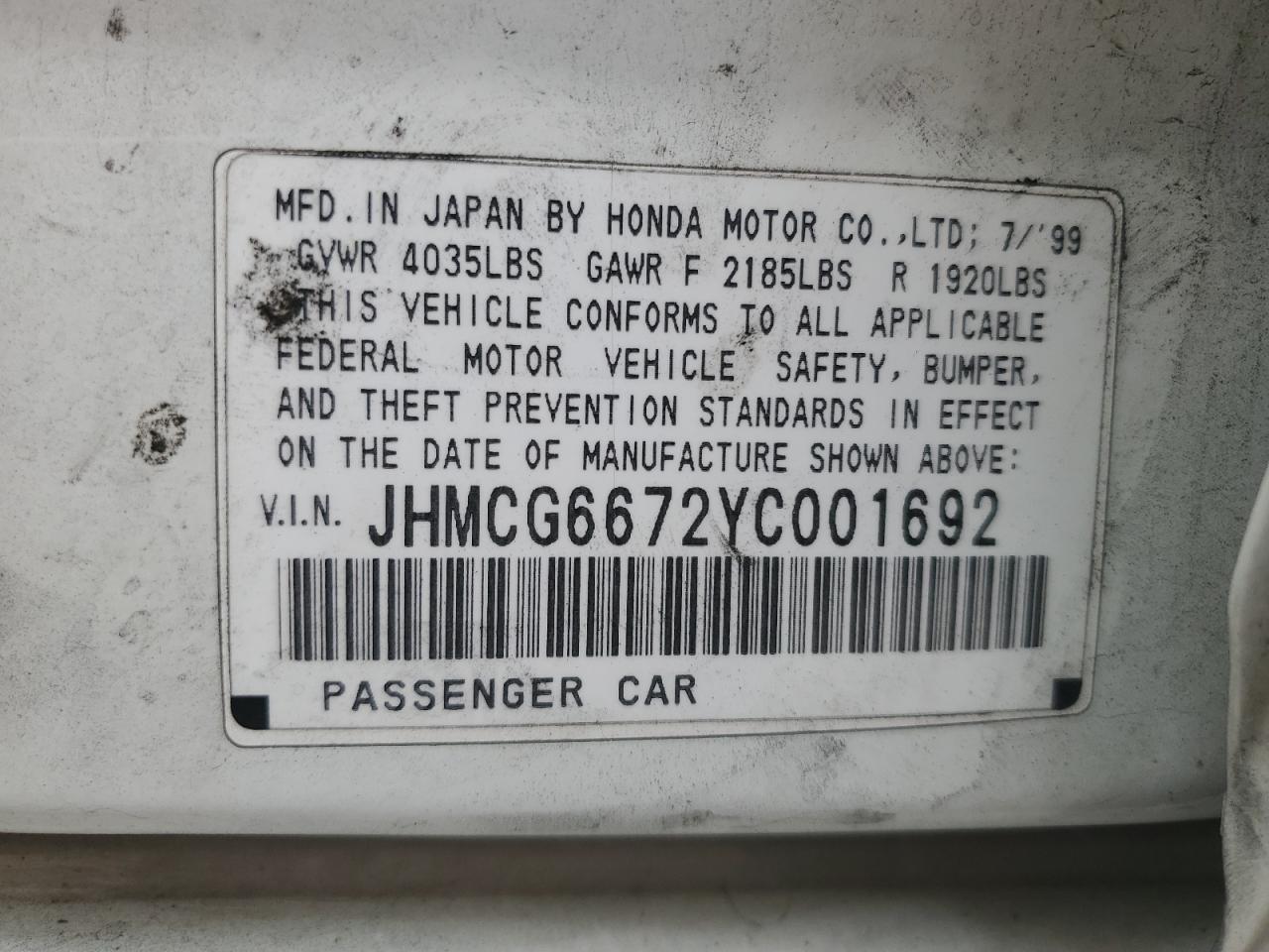 JHMCG6672YC001692 2000 Honda Accord Ex