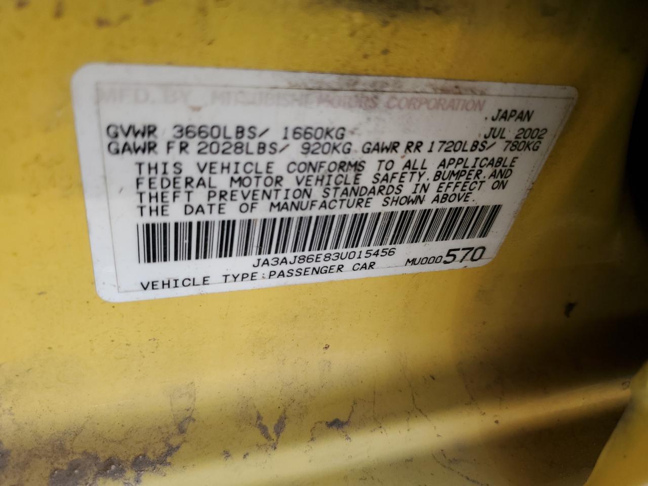 JA3AJ86E83U015456 2003 Mitsubishi Lancer Oz Rally