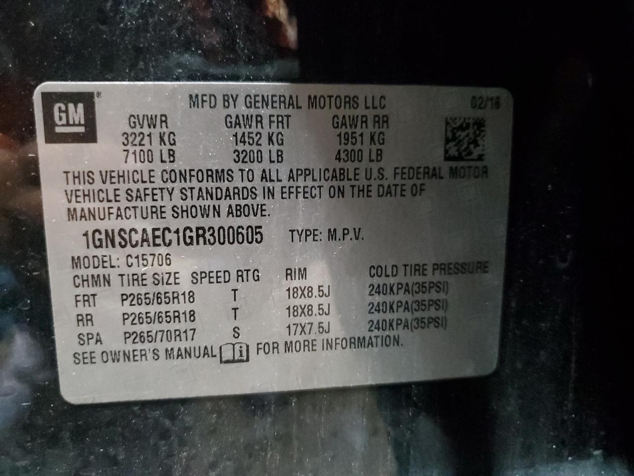 1GNSCAEC1GR300605 2016 Chevrolet Tahoe C1500 Ls