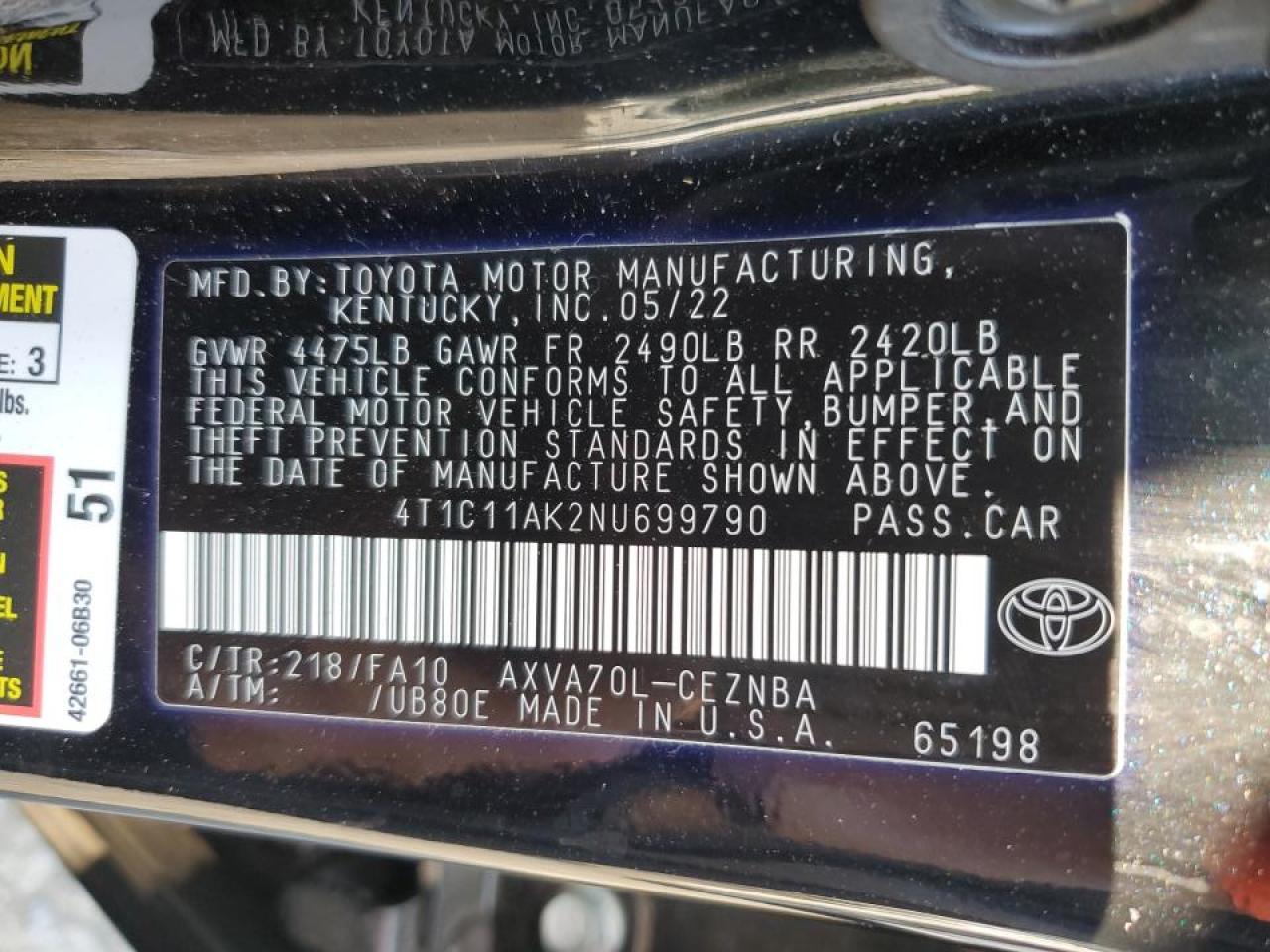 4T1C11AK2NU699790 2022 Toyota Camry Le