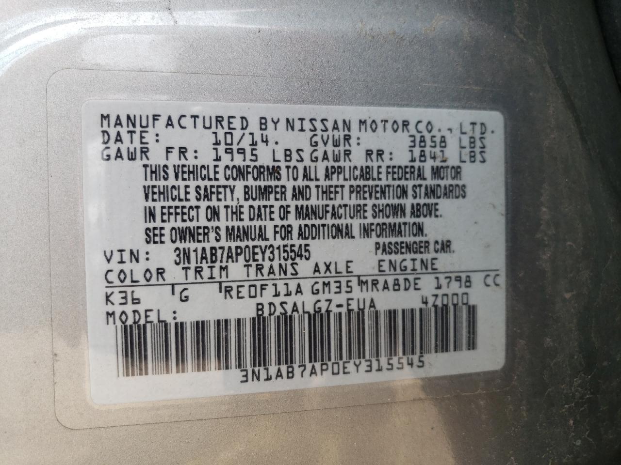 3N1AB7AP0EY315545 2014 Nissan Sentra S