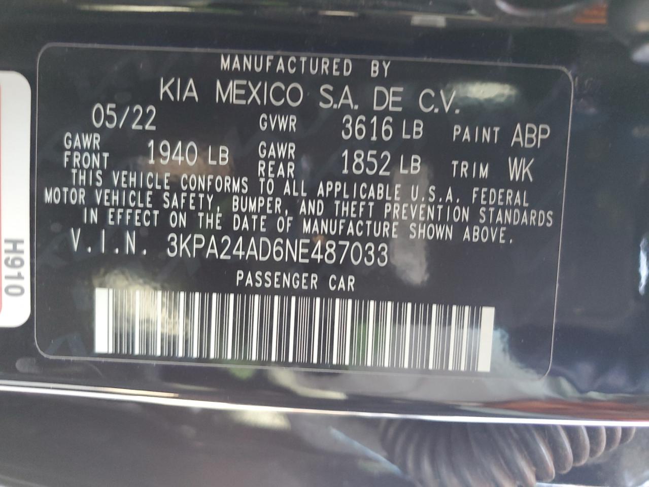 2022 Kia Rio Lx vin: 3KPA24AD6NE487033