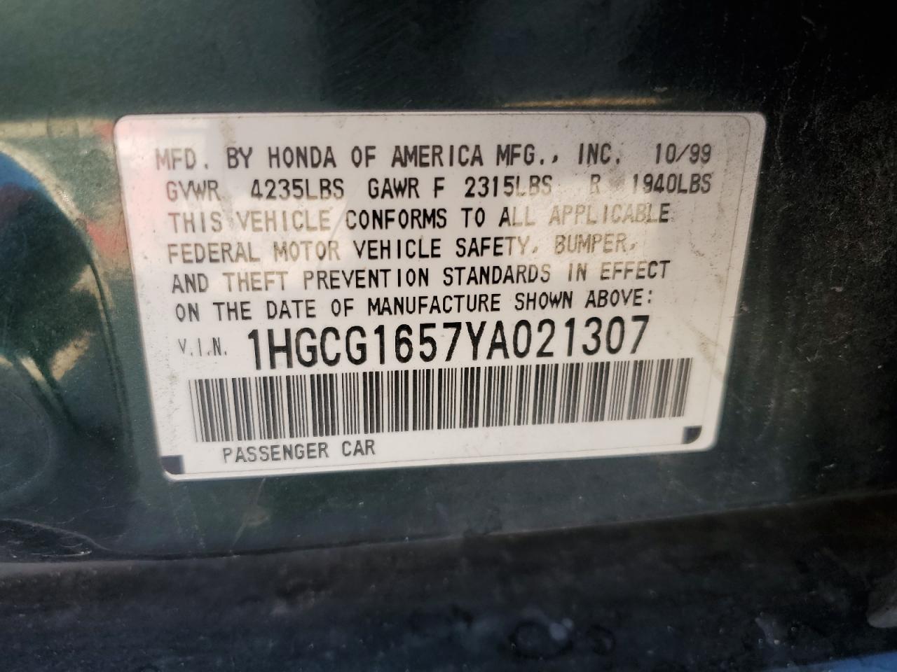 1HGCG1657YA021307 2000 Honda Accord Ex