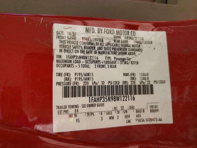 2008 Ford Focus Se VIN: 1FAHP35N98W122116 Lot: 55479424