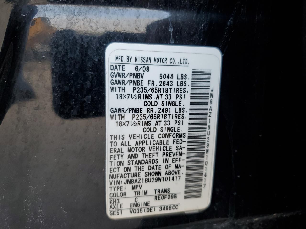 JN8AZ18U29W101417 2009 Nissan Murano S