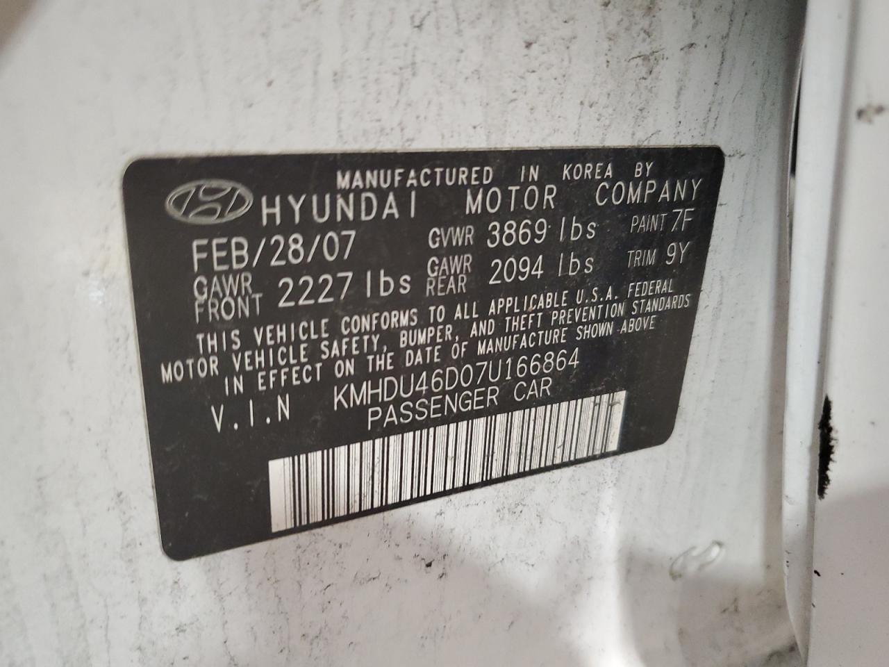 KMHDU46D07U166864 2007 Hyundai Elantra Gls