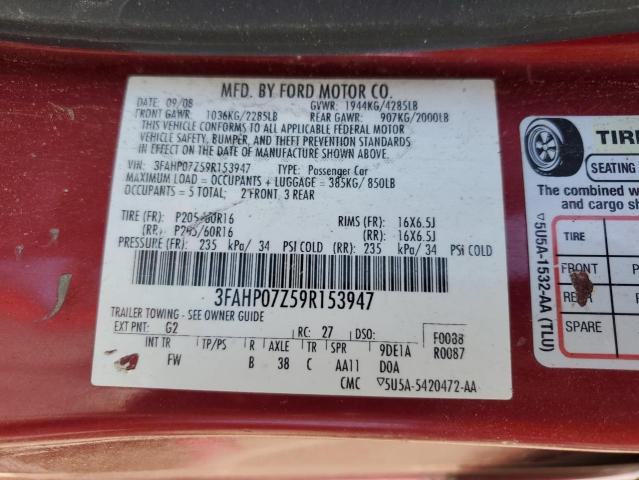 2009 Ford Fusion Se VIN: 3FAHP07Z59R153947 Lot: 56658004