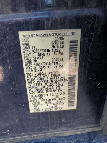 2007 Nissan Xterra Off Road VIN: 5N1AN08U37C511929 Lot: 56088894