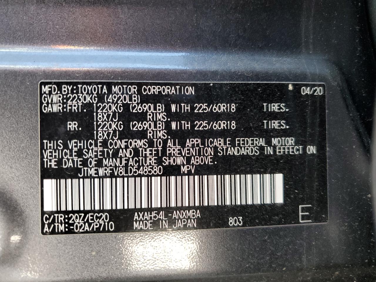 JTMEWRFV8LD548580 2020 Toyota Rav4 Xse