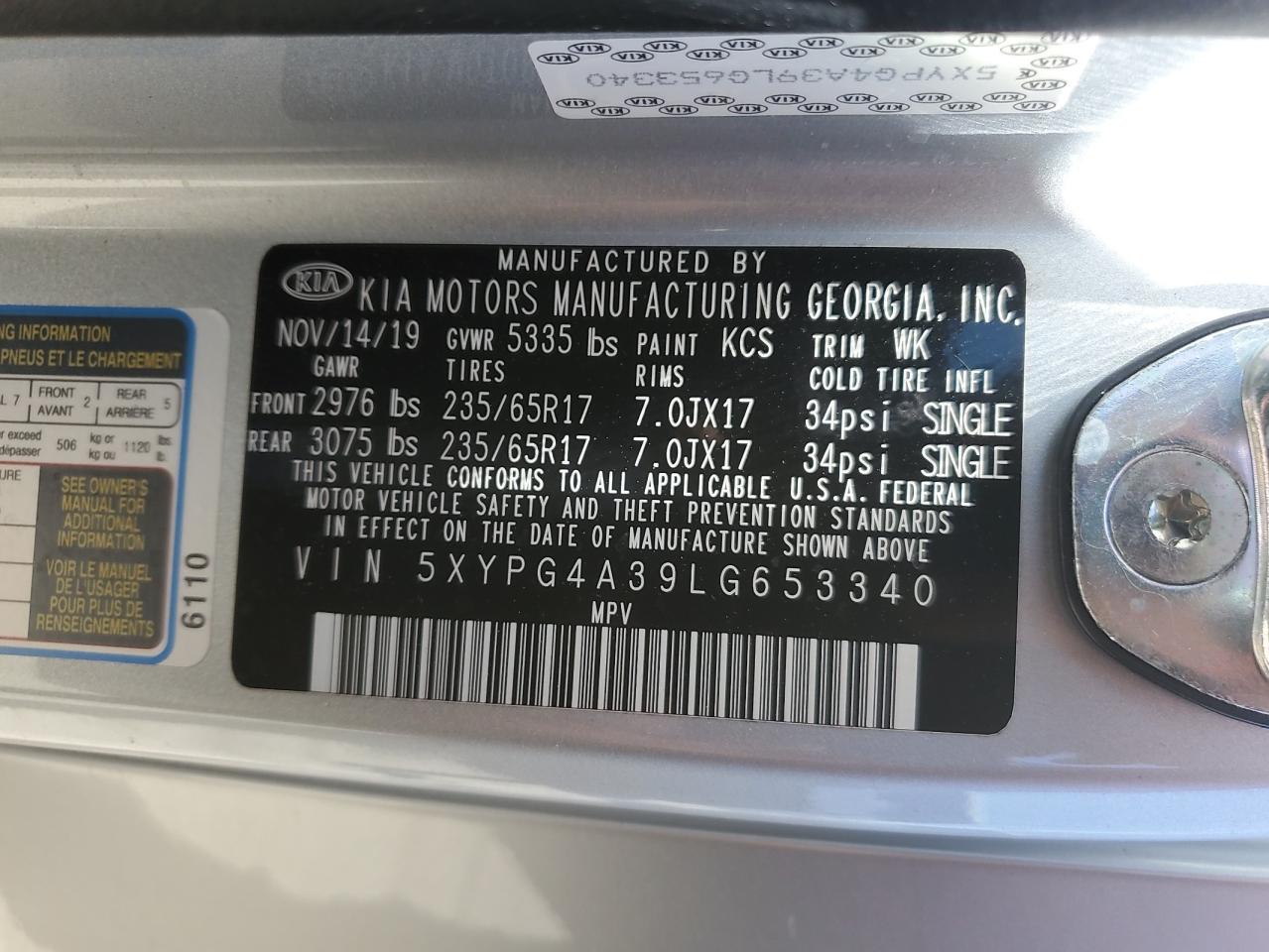 5XYPG4A39LG653340 2020 Kia Sorento L