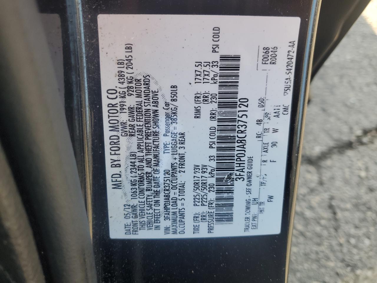 3FAHP0JA8CR375120 2012 Ford Fusion Sel