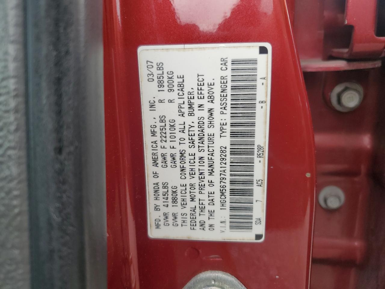 1HGCM56797A129282 2007 Honda Accord Ex