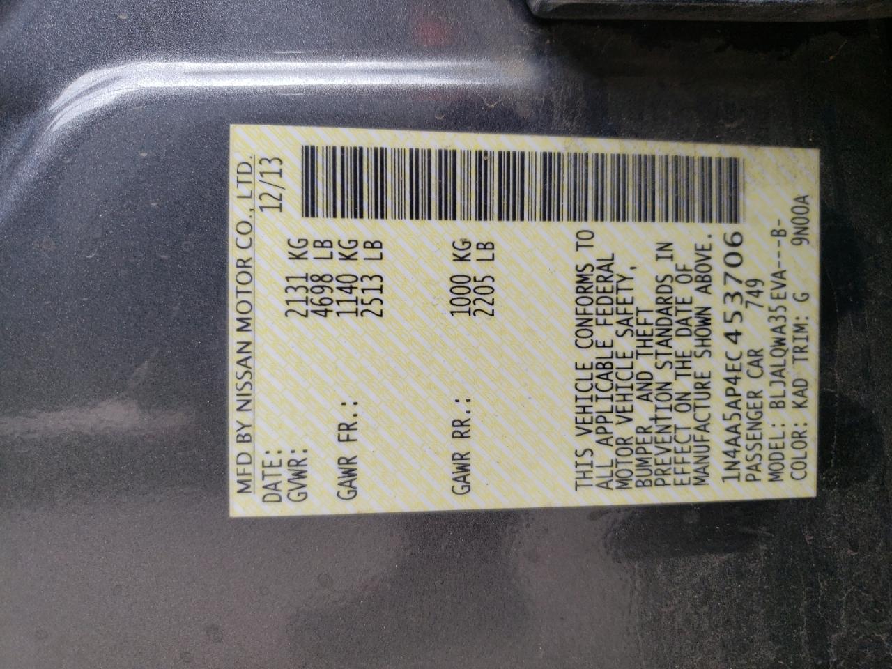 1N4AA5AP4EC453706 2014 Nissan Maxima S