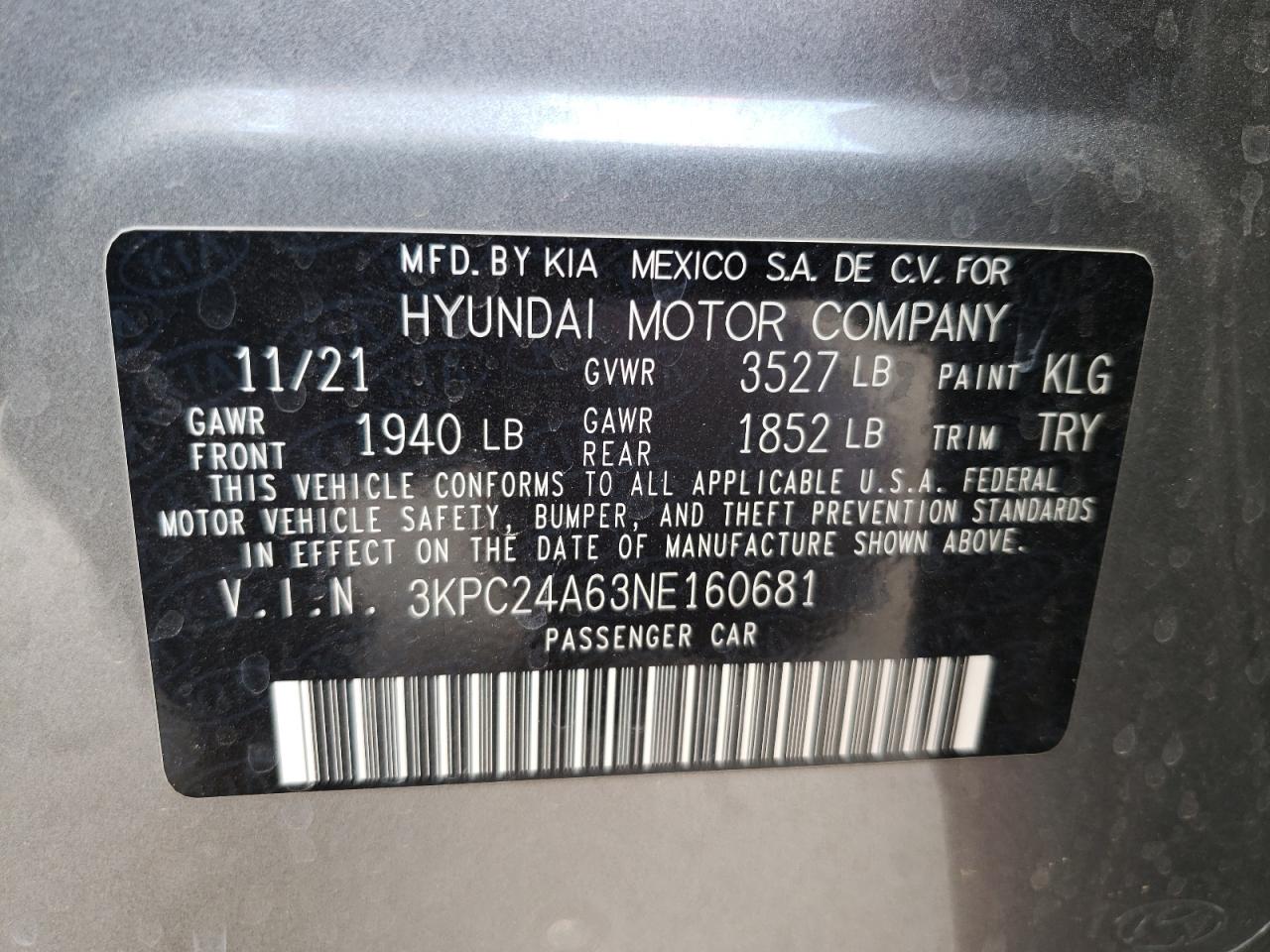 3KPC24A63NE160681 2022 Hyundai Accent Se