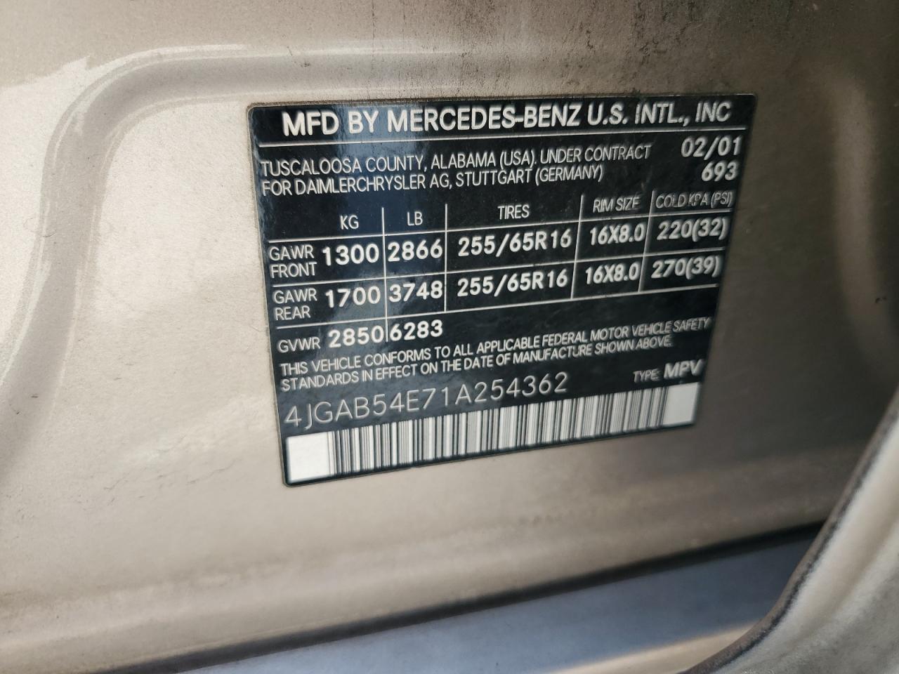 4JGAB54E71A254362 2001 Mercedes-Benz Ml 320