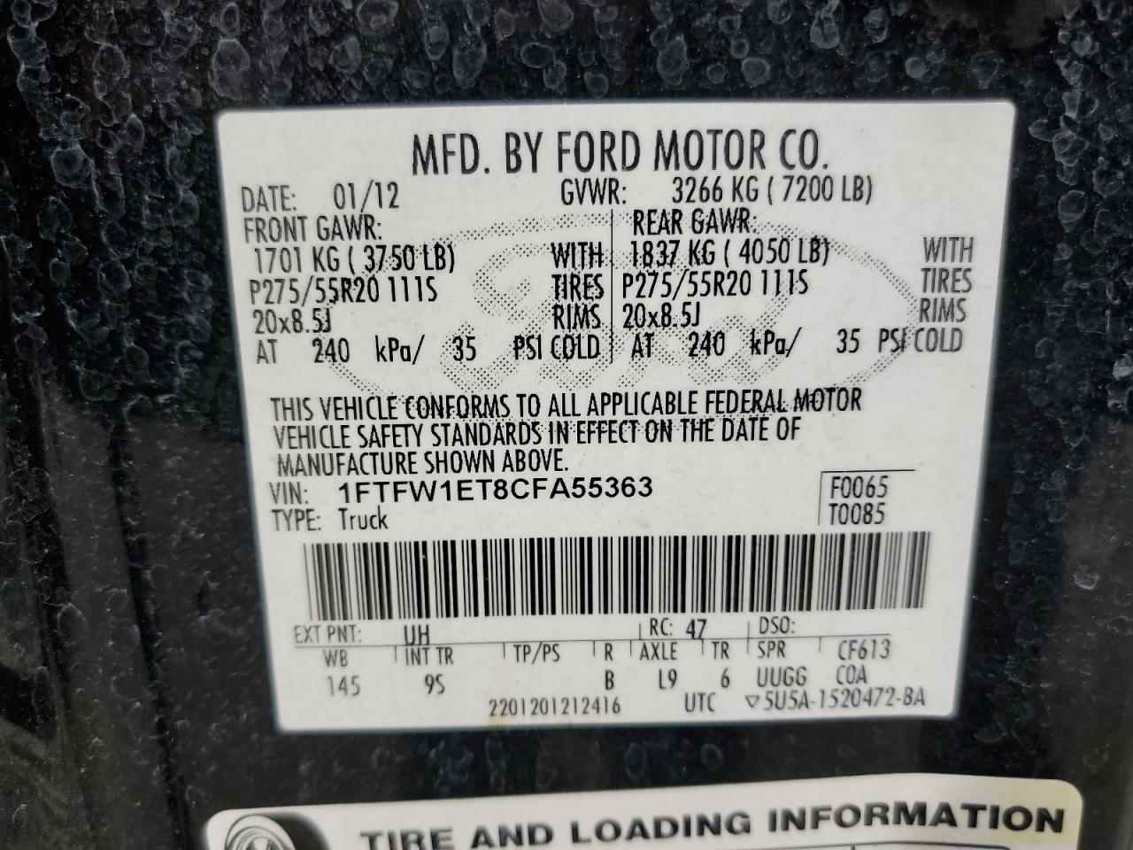 1FTFW1ET8CFA55363 2012 Ford F150 Supercrew