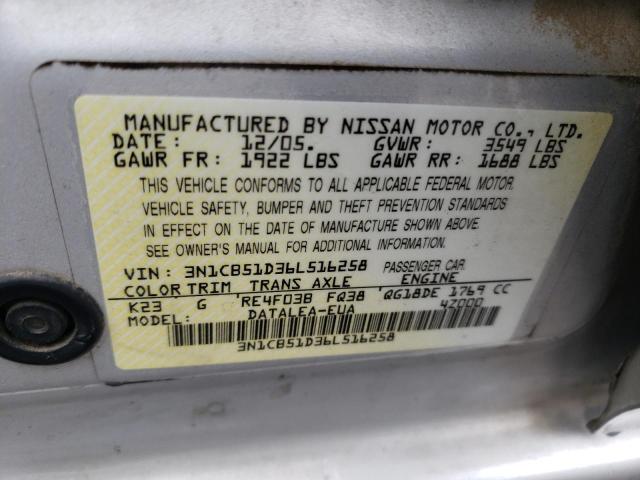 2006 Nissan Sentra 1.8 VIN: 3N1CB51D36L516258 Lot: 53529094