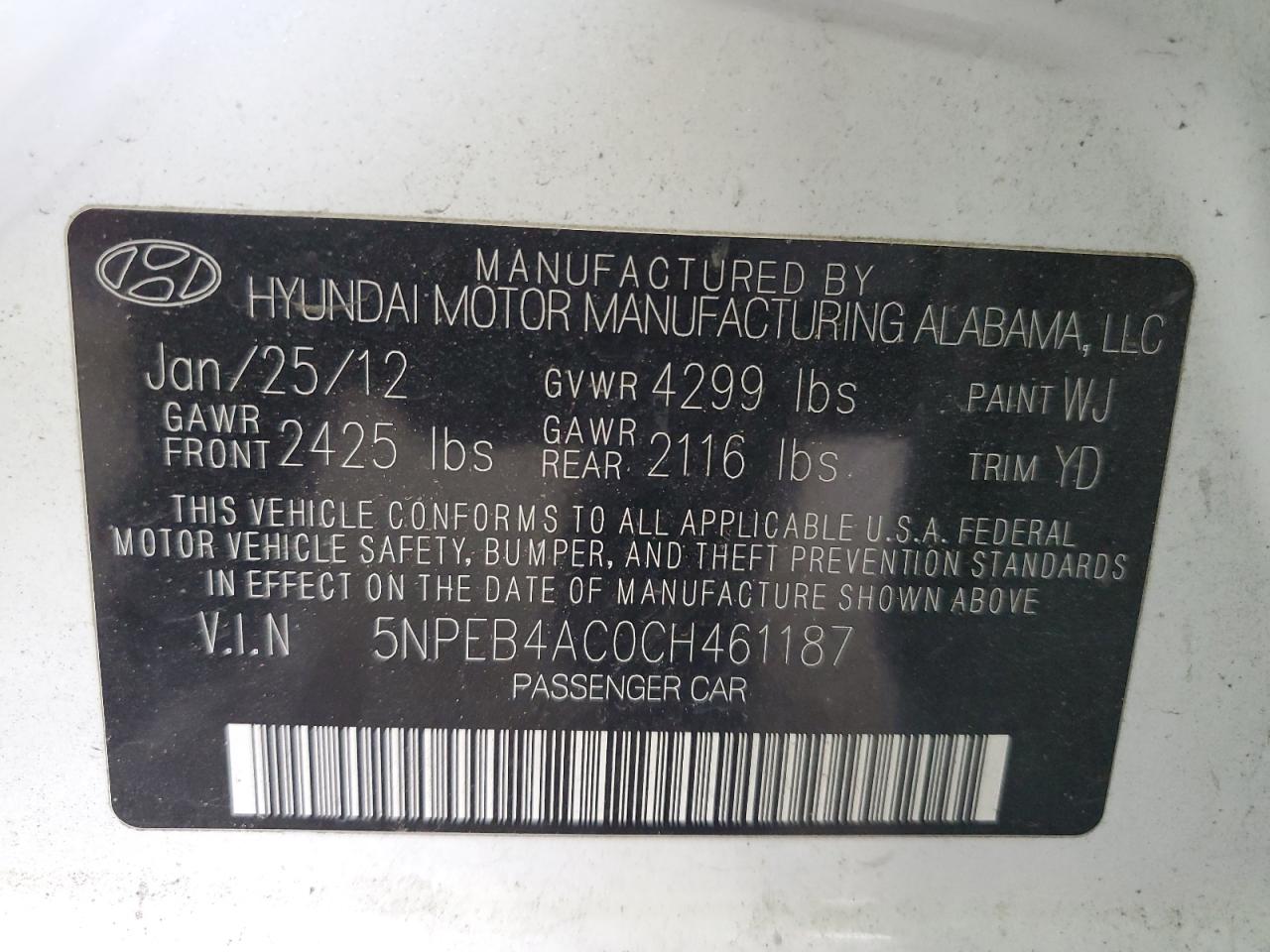 5NPEB4AC0CH461187 2012 Hyundai Sonata Gls