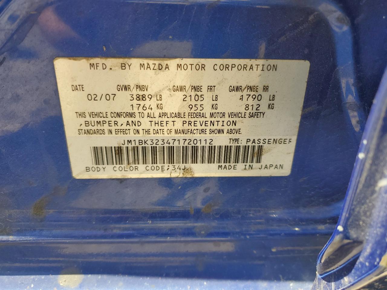 JM1BK323471720112 2007 Mazda 3 S