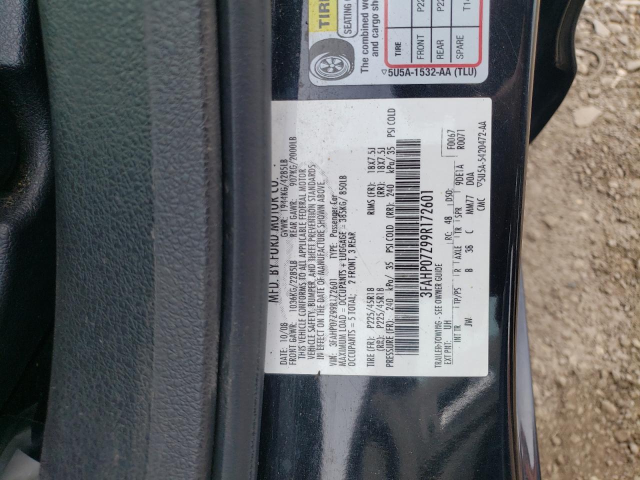 3FAHP07Z99R172601 2009 Ford Fusion Se