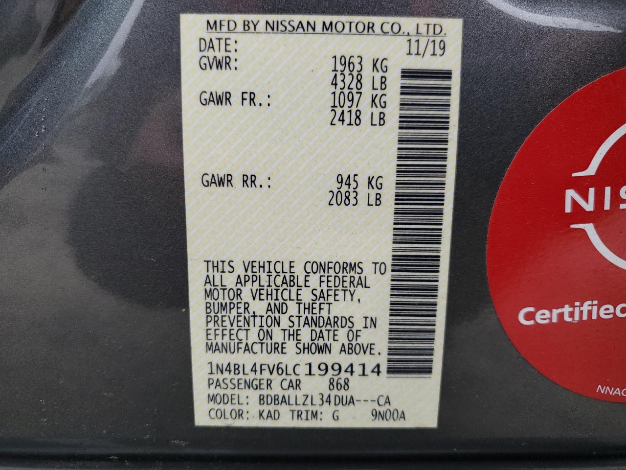 1N4BL4FV6LC199414 2020 Nissan Altima Platinum