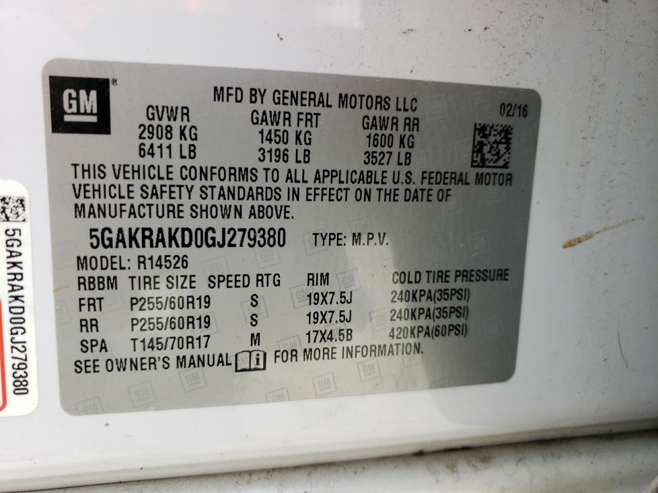 5GAKRAKD0GJ279380 2016 Buick Enclave