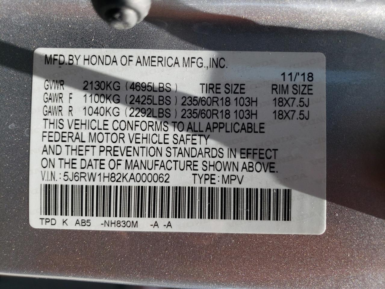 5J6RW1H82KA000062 2019 Honda Cr-V Exl