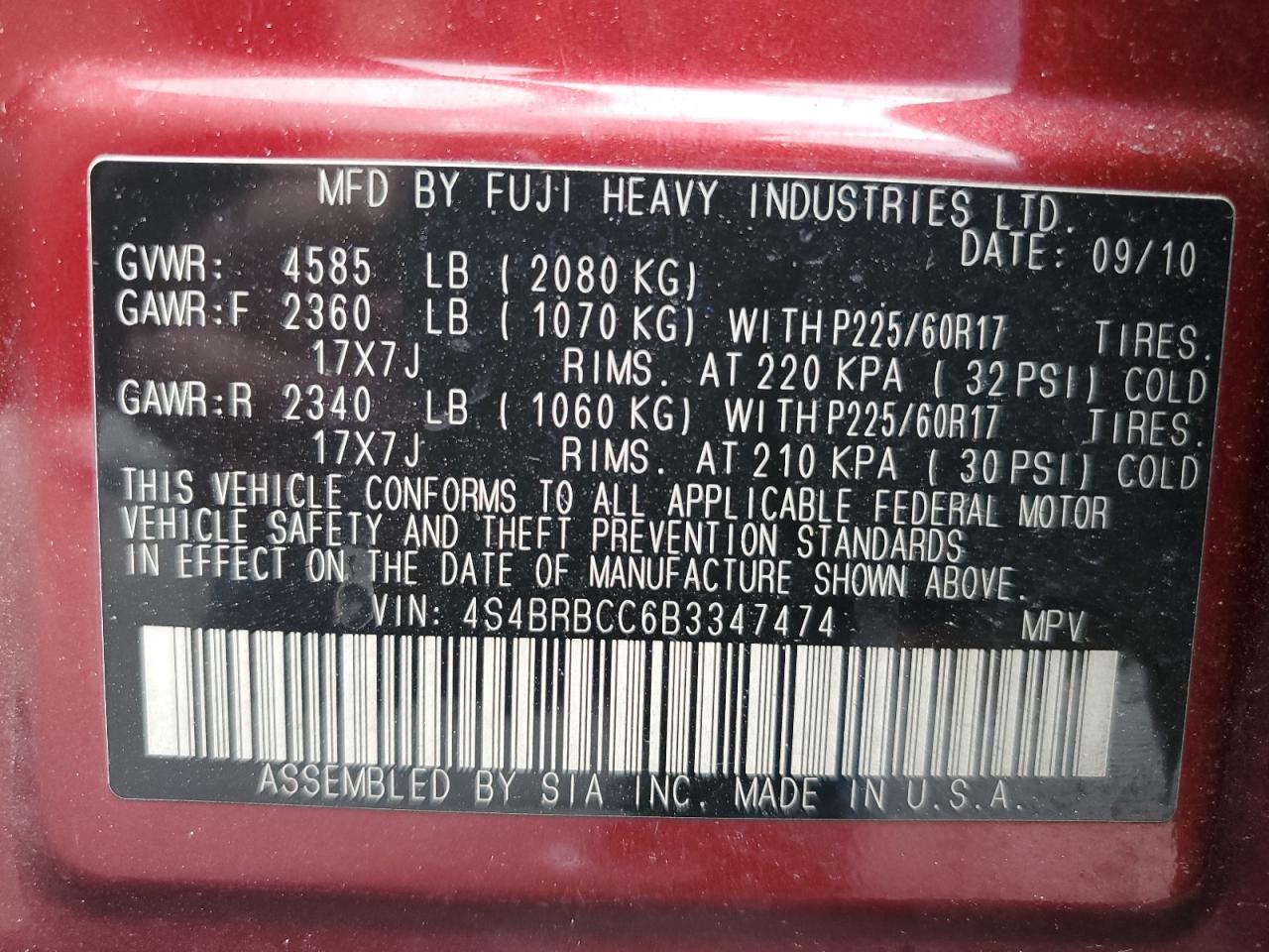 4S4BRBCC6B3347474 2011 Subaru Outback 2.5I Premium