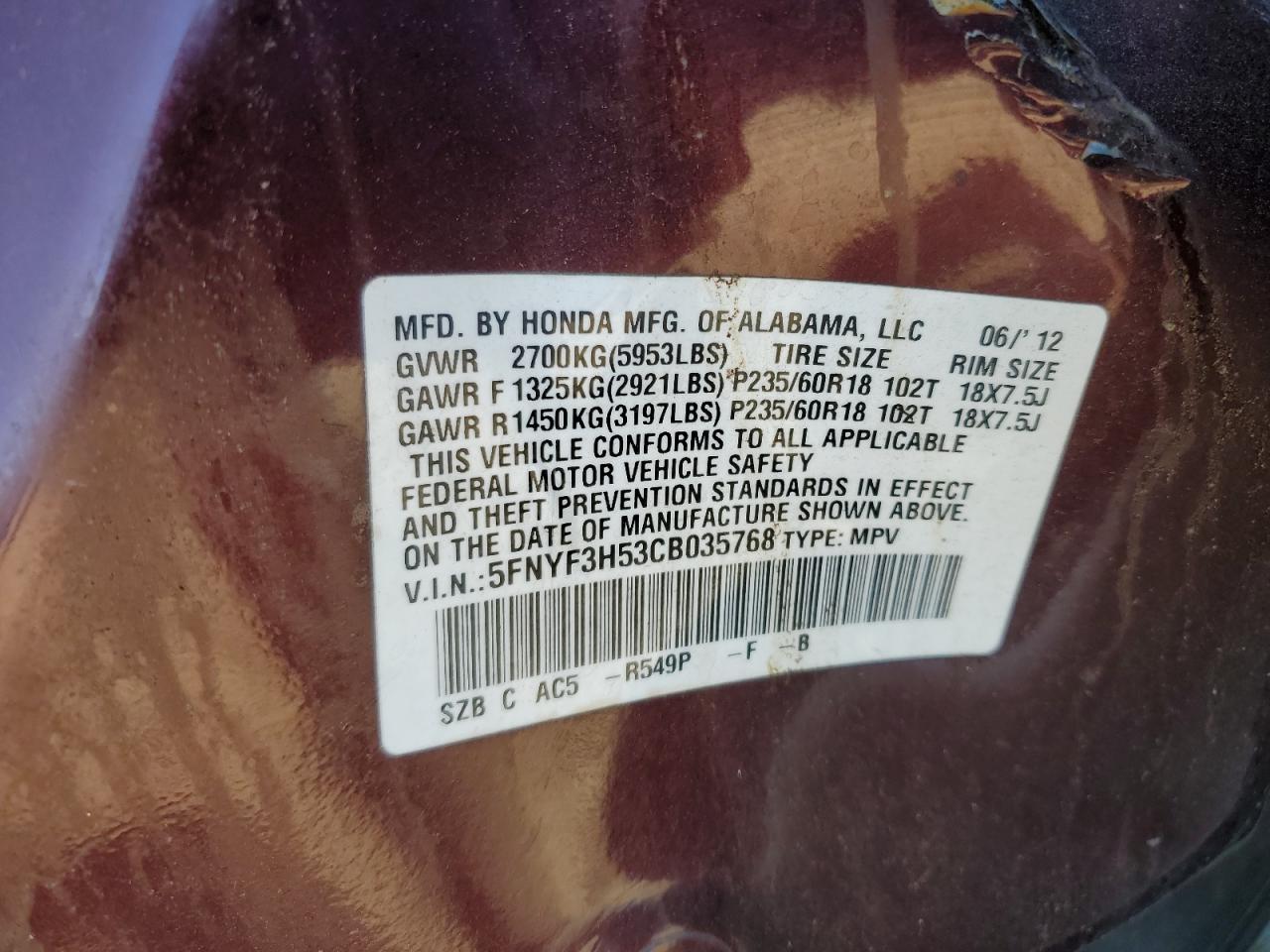 5FNYF3H53CB035768 2012 Honda Pilot Exl