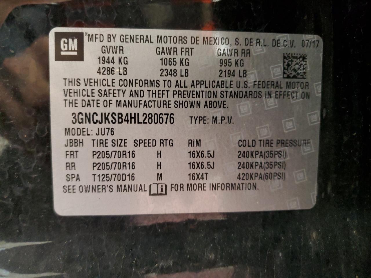 3GNCJKSB4HL280676 2017 Chevrolet Trax Ls