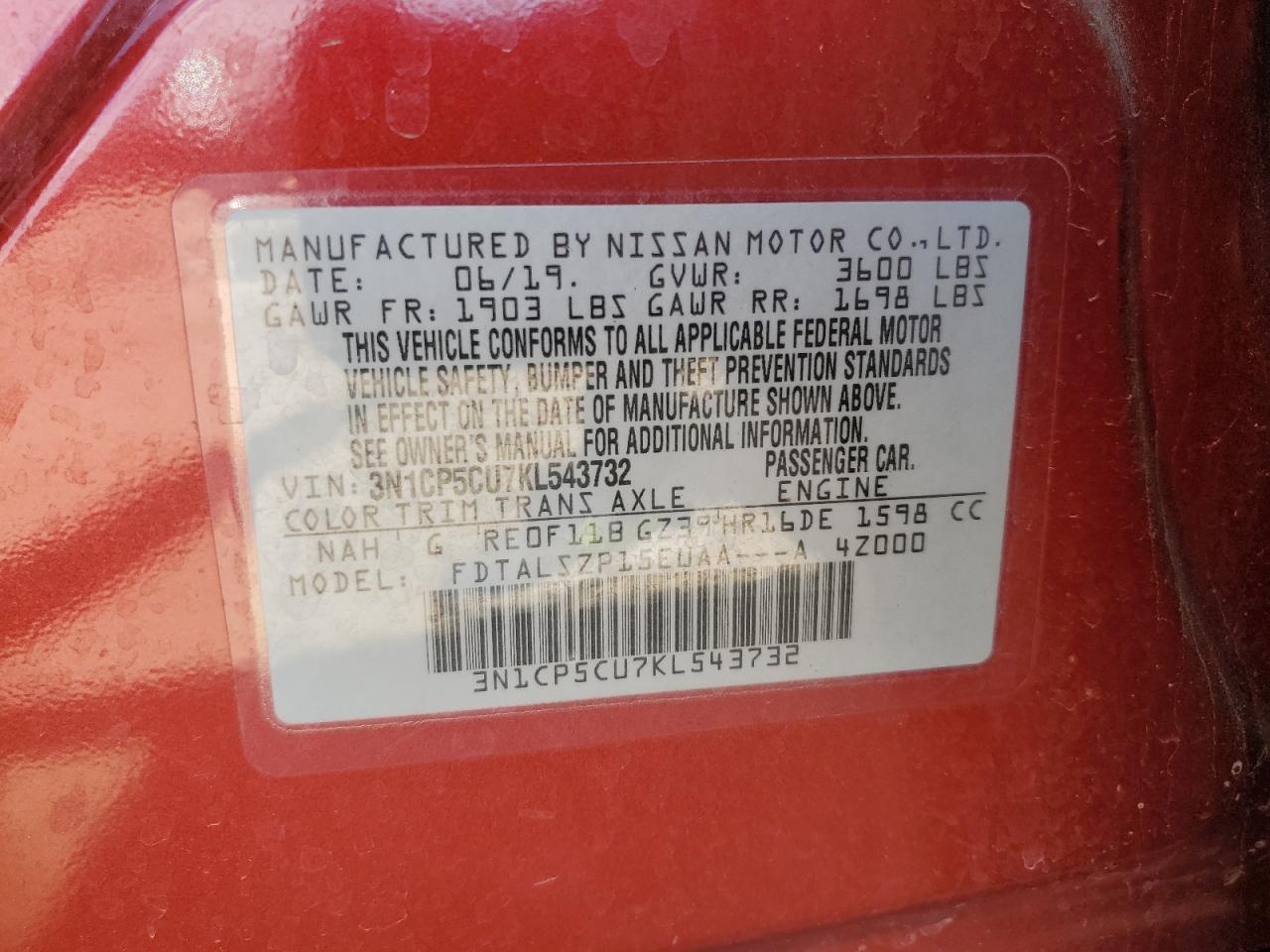 3N1CP5CU7KL543732 2019 Nissan Kicks S