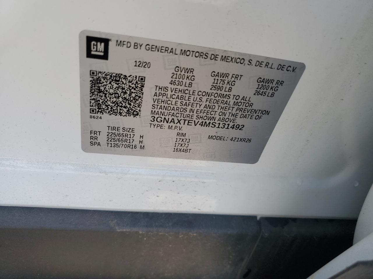 3GNAXTEV4MS131492 2021 Chevrolet Equinox Lt
