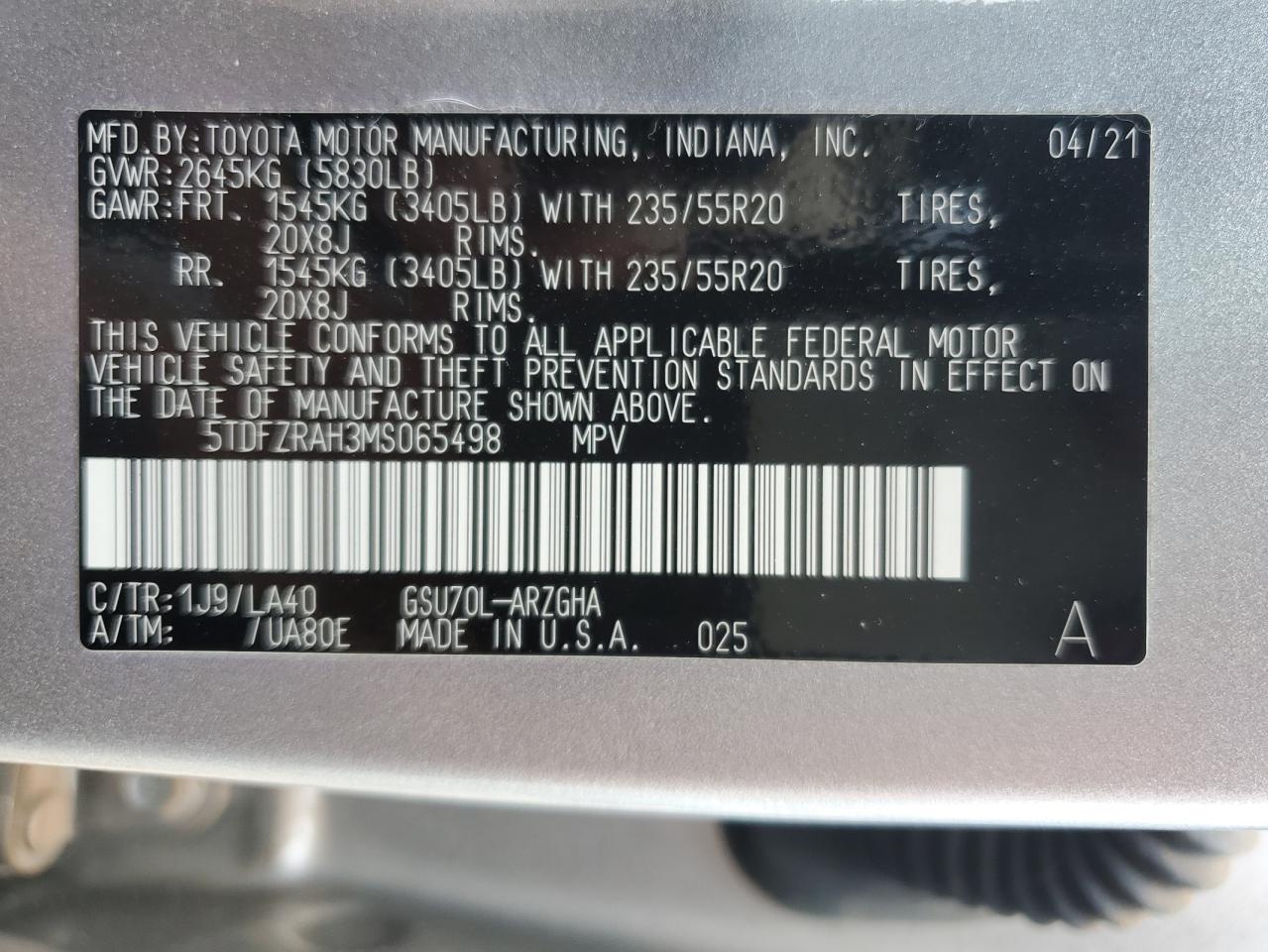 5TDFZRAH3MS065498 2021 Toyota Highlander Platinum