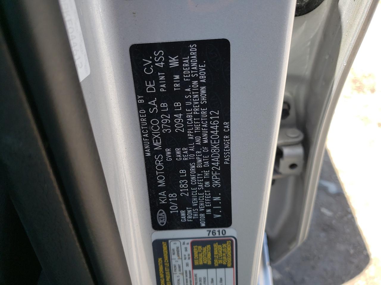 3KPF24AD8KE044612 2019 Kia Forte Fe