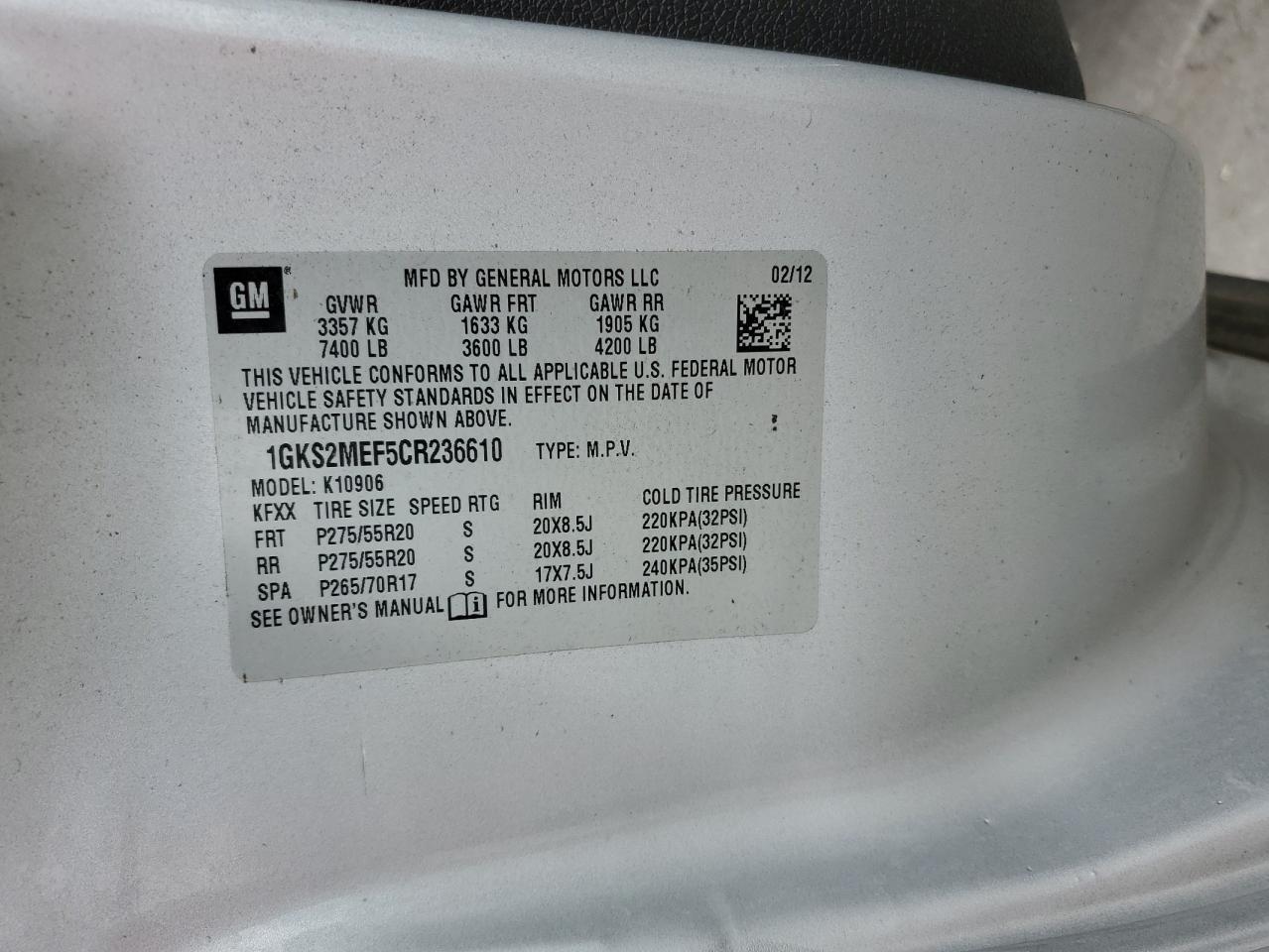 1GKS2MEF5CR236610 2012 GMC Yukon Xl Denali