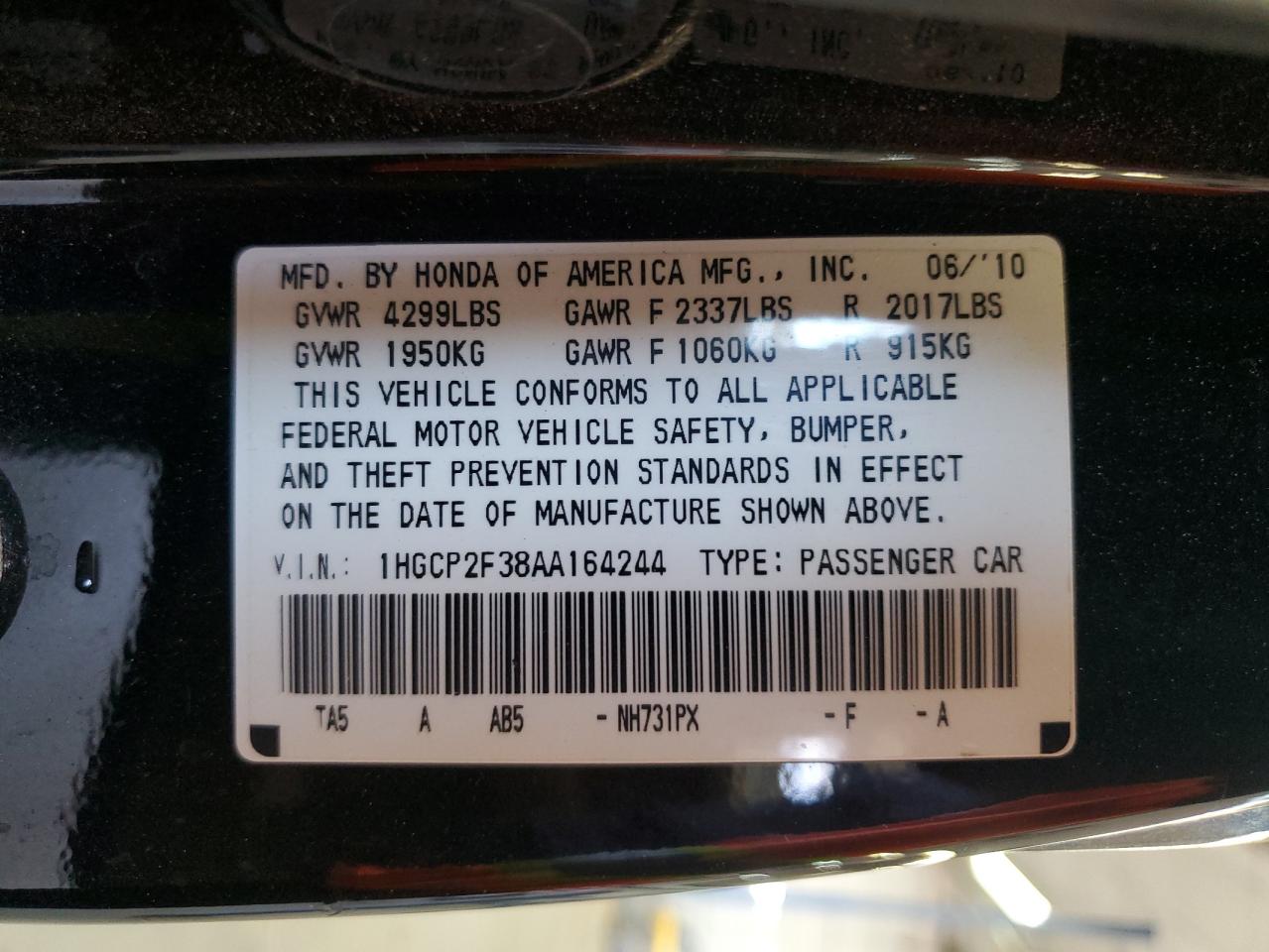 1HGCP2F38AA164244 2010 Honda Accord Lx