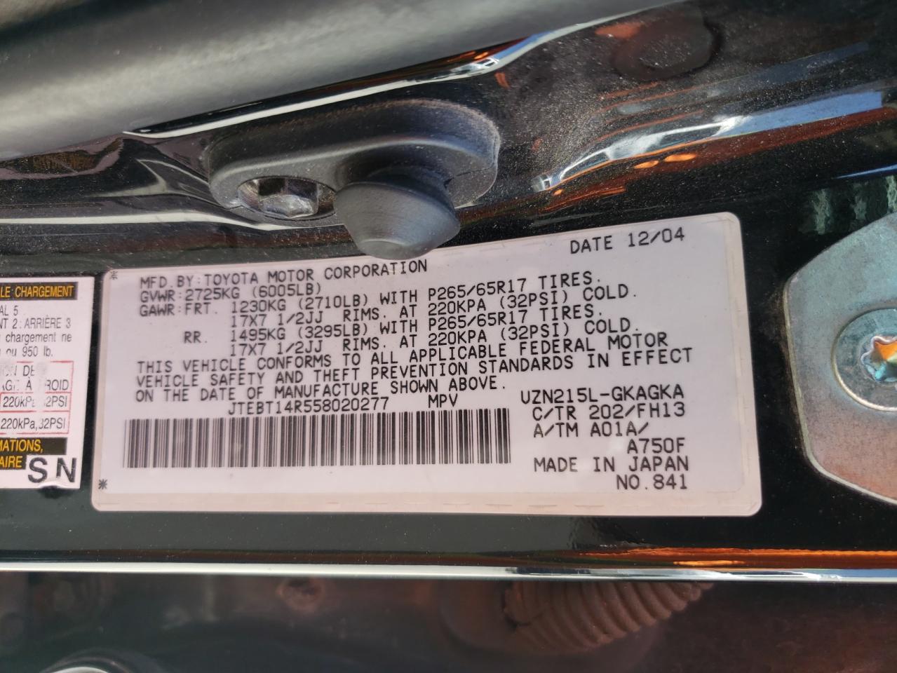 JTEBT14R558020277 2005 Toyota 4Runner Sr5