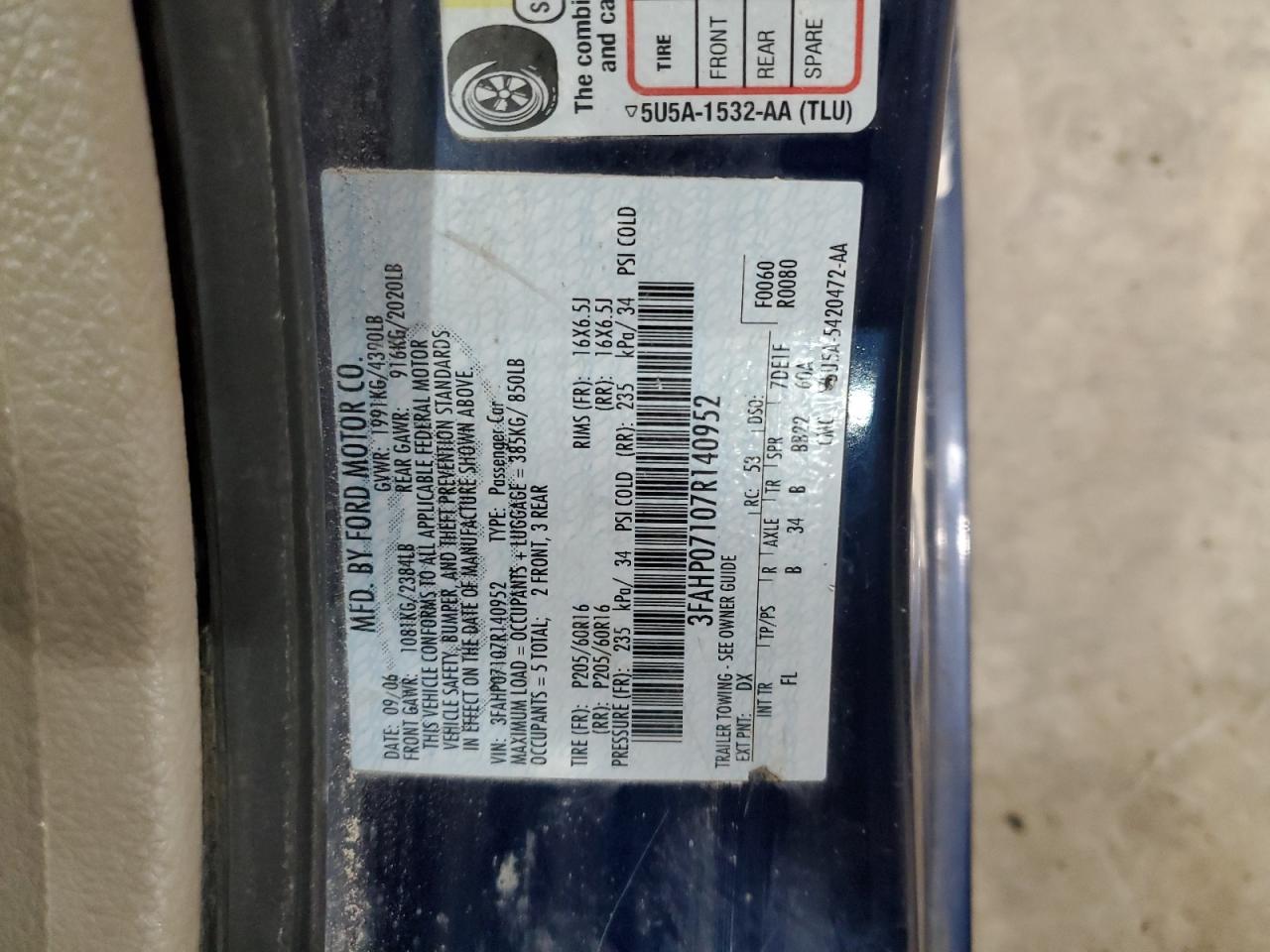 3FAHP07107R140952 2007 Ford Fusion Se