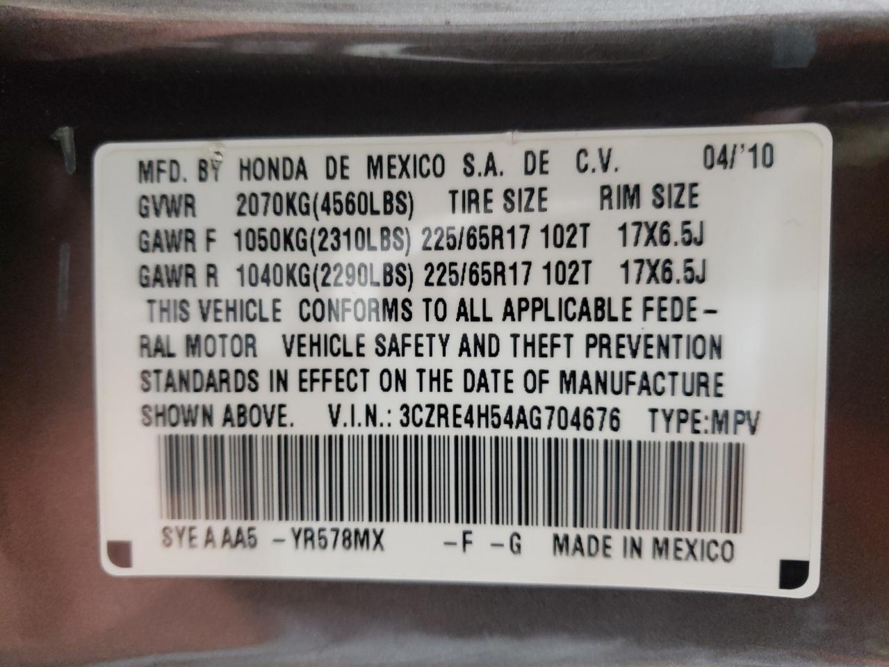 3CZRE4H54AG704676 2010 Honda Cr-V Ex
