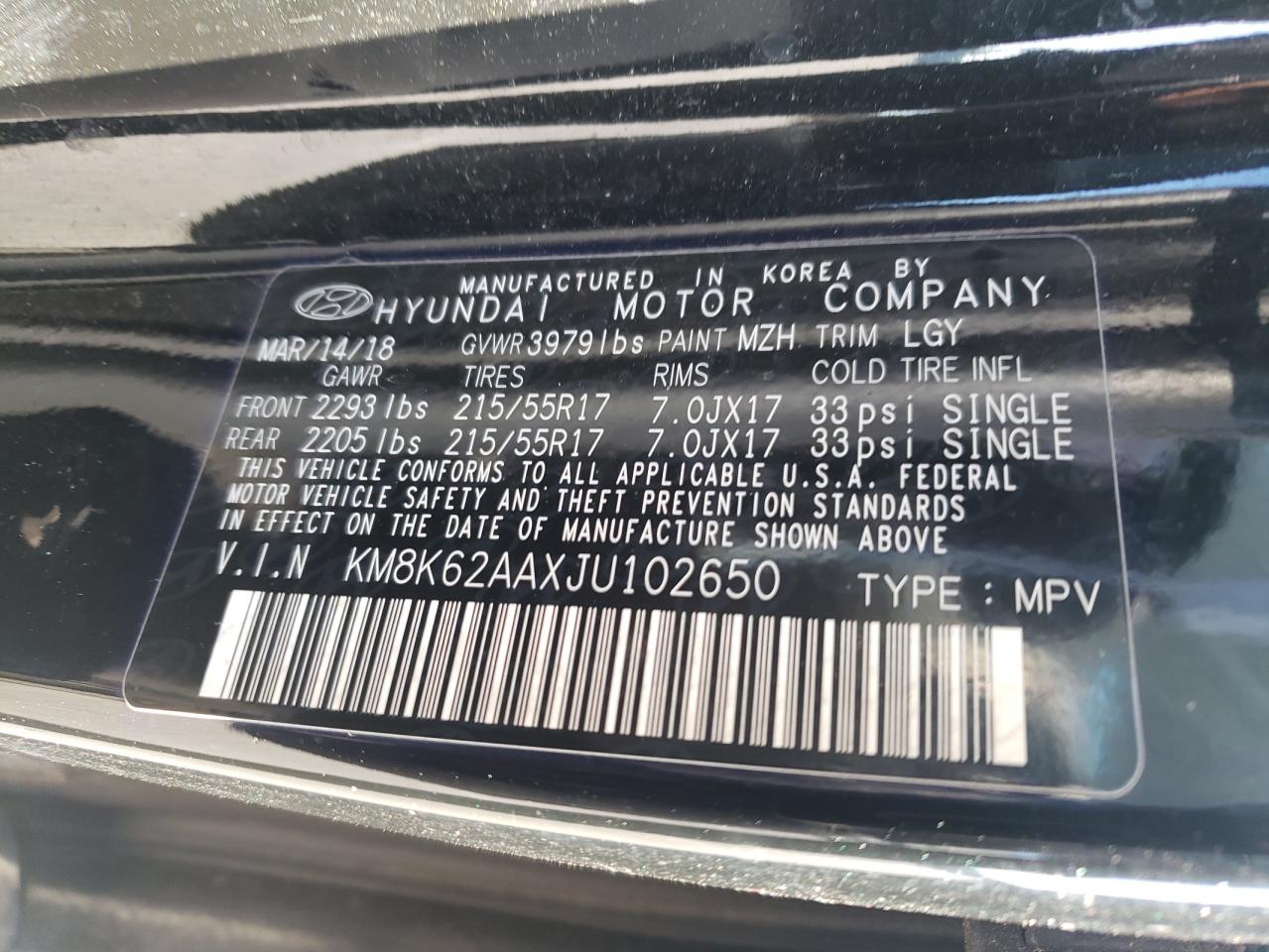 KM8K62AAXJU102650 2018 Hyundai Kona Sel