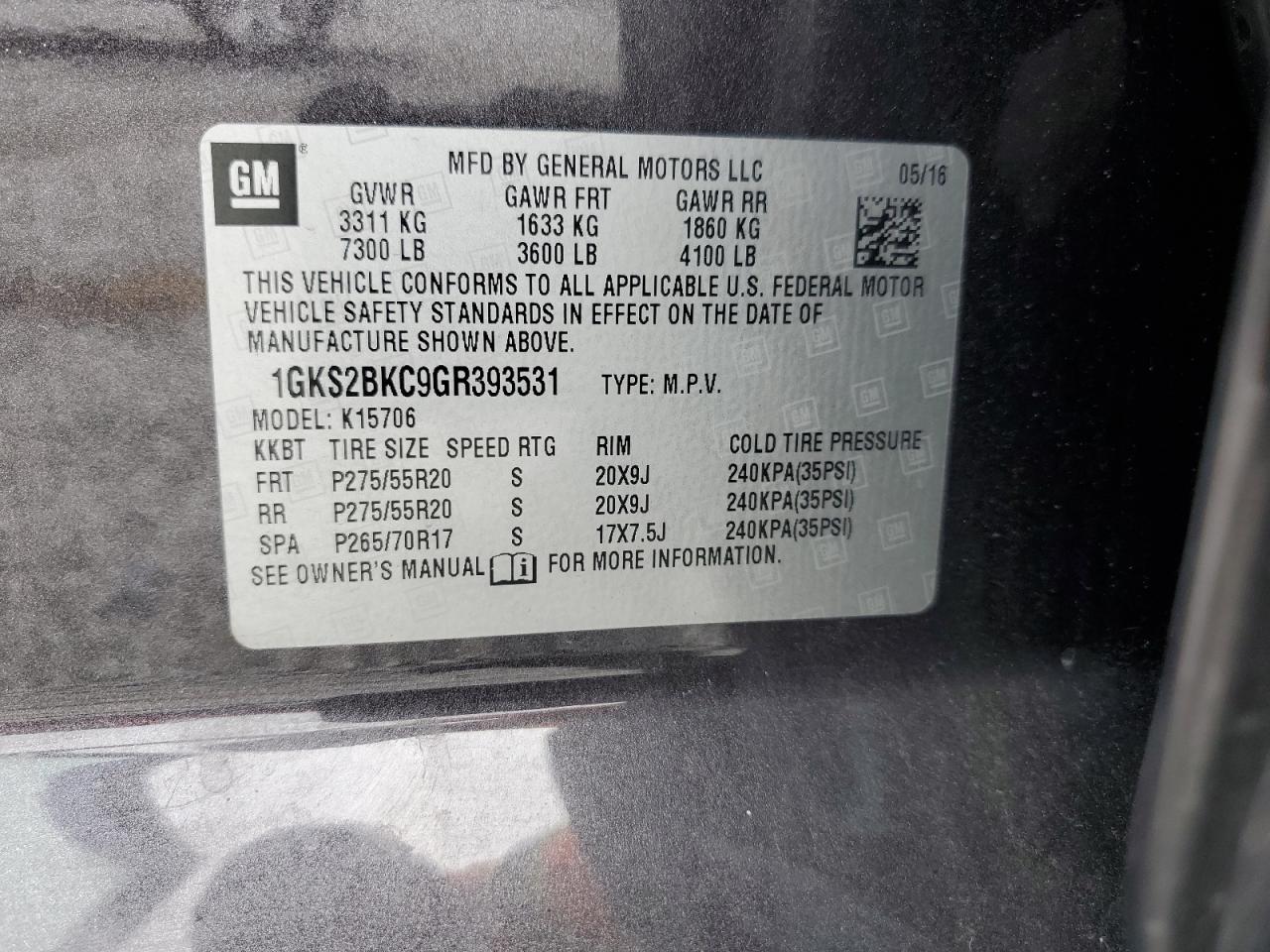 1GKS2BKC9GR393531 2016 GMC Yukon Slt