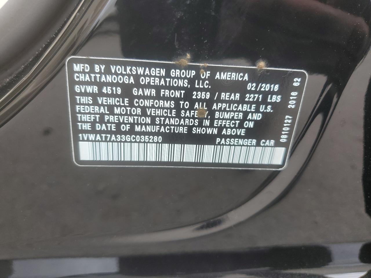 1VWAT7A33GC035280 2016 Volkswagen Passat S